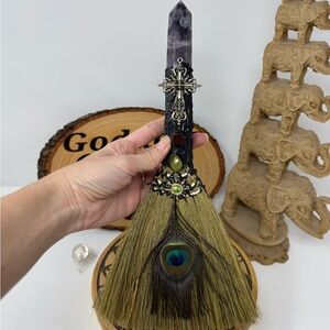 Decorative Peacock Feather Broom with Amethyst Handle